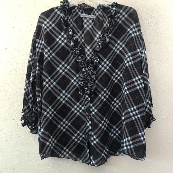 Signature by Larry Levine Black, Red & White Plaid - Ruffles at neckline Size L - Picture 6 of 10